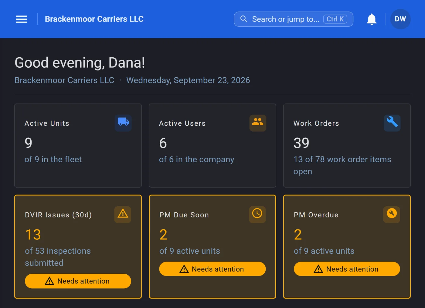 Truck Genie dashboard for a nine-unit fleet: 39 work orders, 13 DVIRs with issues in the last 30 days, and 2 units due and 2 overdue for preventive maintenance