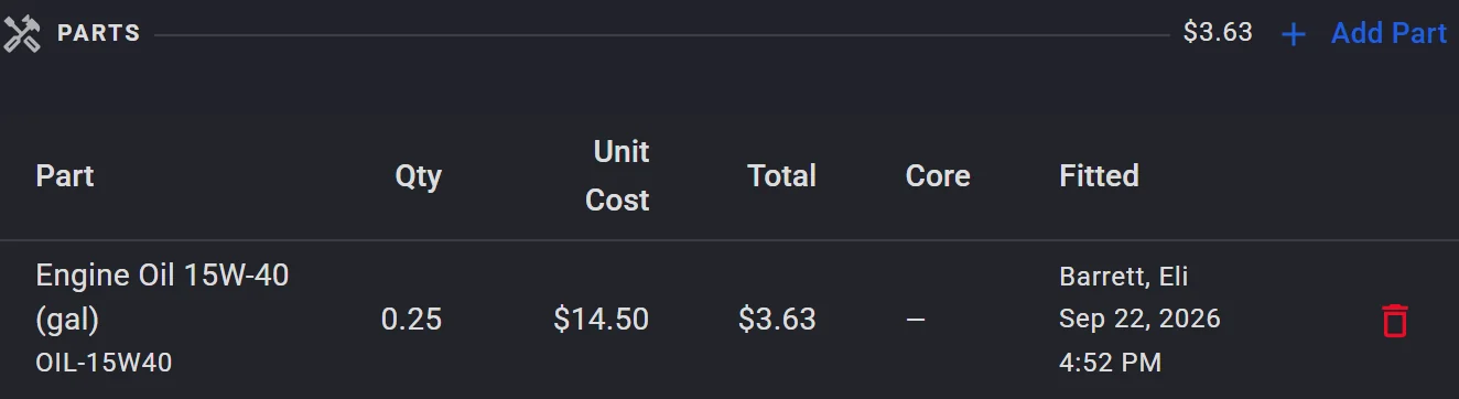 Parts fitted to a work item: a quarter gallon of 15W-40 engine oil at $14.50 a gallon, fitted by the mechanic with a timestamp