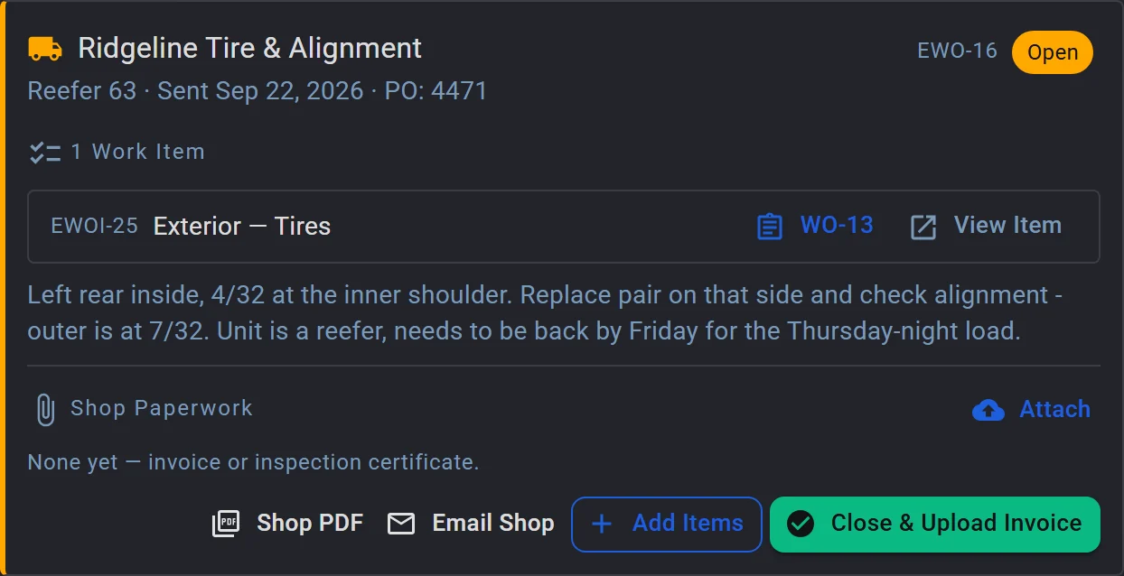 Outside shop work order for Ridgeline Tire & Alignment with a PO number, the tire work item, and buttons for Shop PDF, Email Shop and Close & Upload Invoice