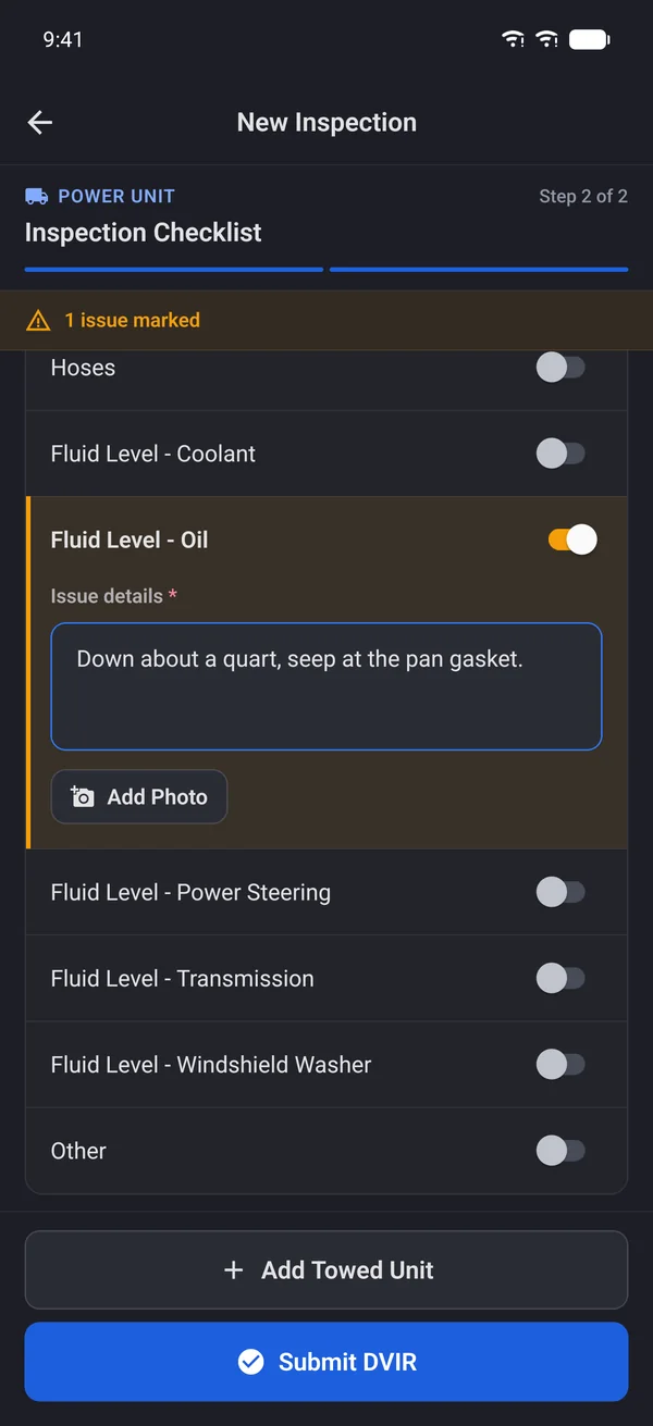 Truck Genie mobile inspection checklist with an oil-level defect marked, a driver's note and an Add Photo button