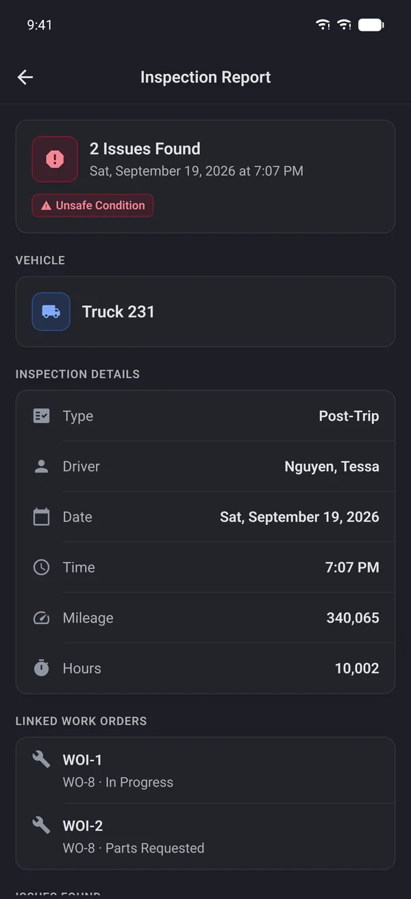 A driver's inspection report on the Truck Genie app: 2 issues found on Truck 231, flagged unsafe, with the two work orders it created