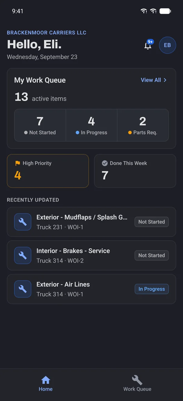 Mechanic home screen in the Truck Genie app: 13 active work items, four high priority, with recently updated jobs