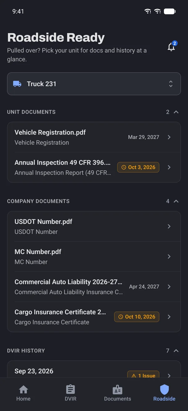 Roadside Ready screen for Truck 231 with unit documents, company documents and DVIR history, each with expiration dates