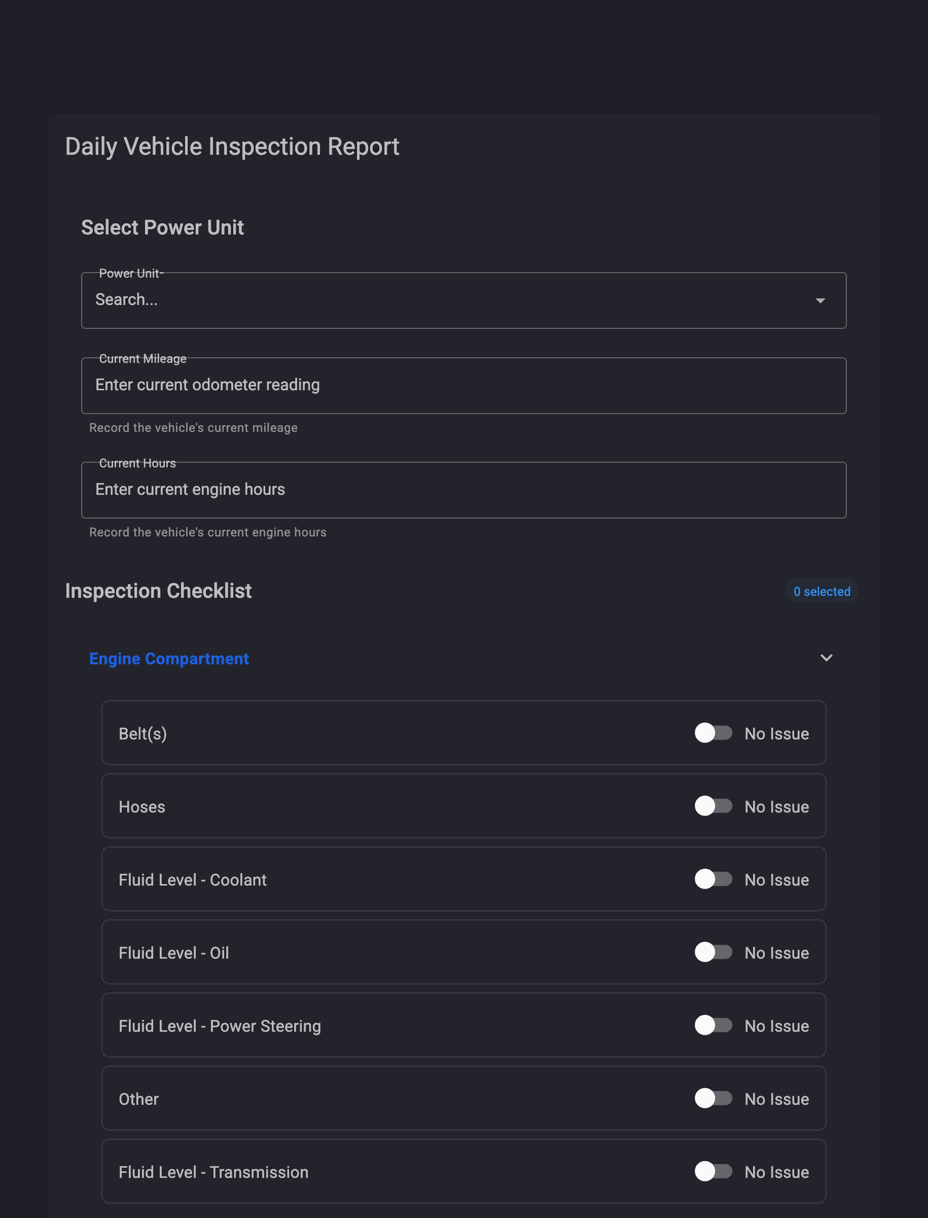 DVIR Create form with 41 inspection items