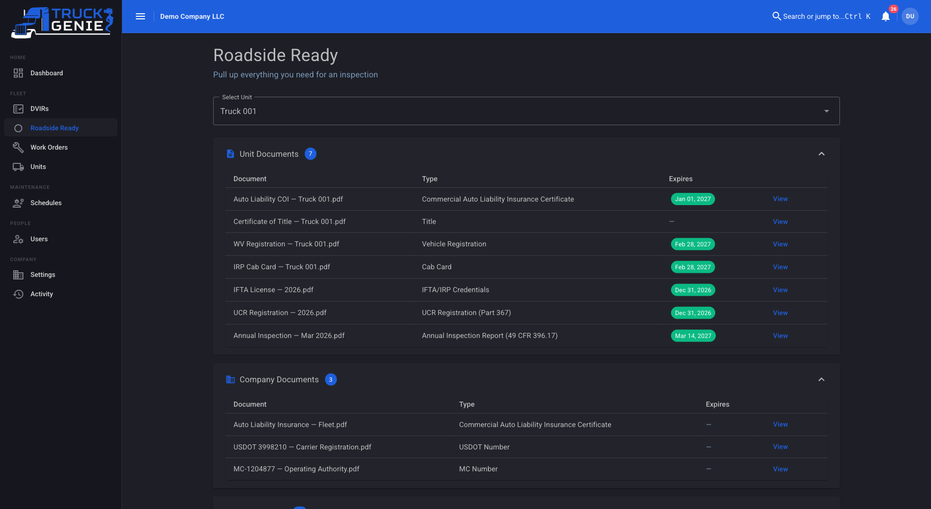 Truck Genie Roadside Ready screen showing unit documents with expiration dates, company documents, DVIR history, and completed service history for a single truck