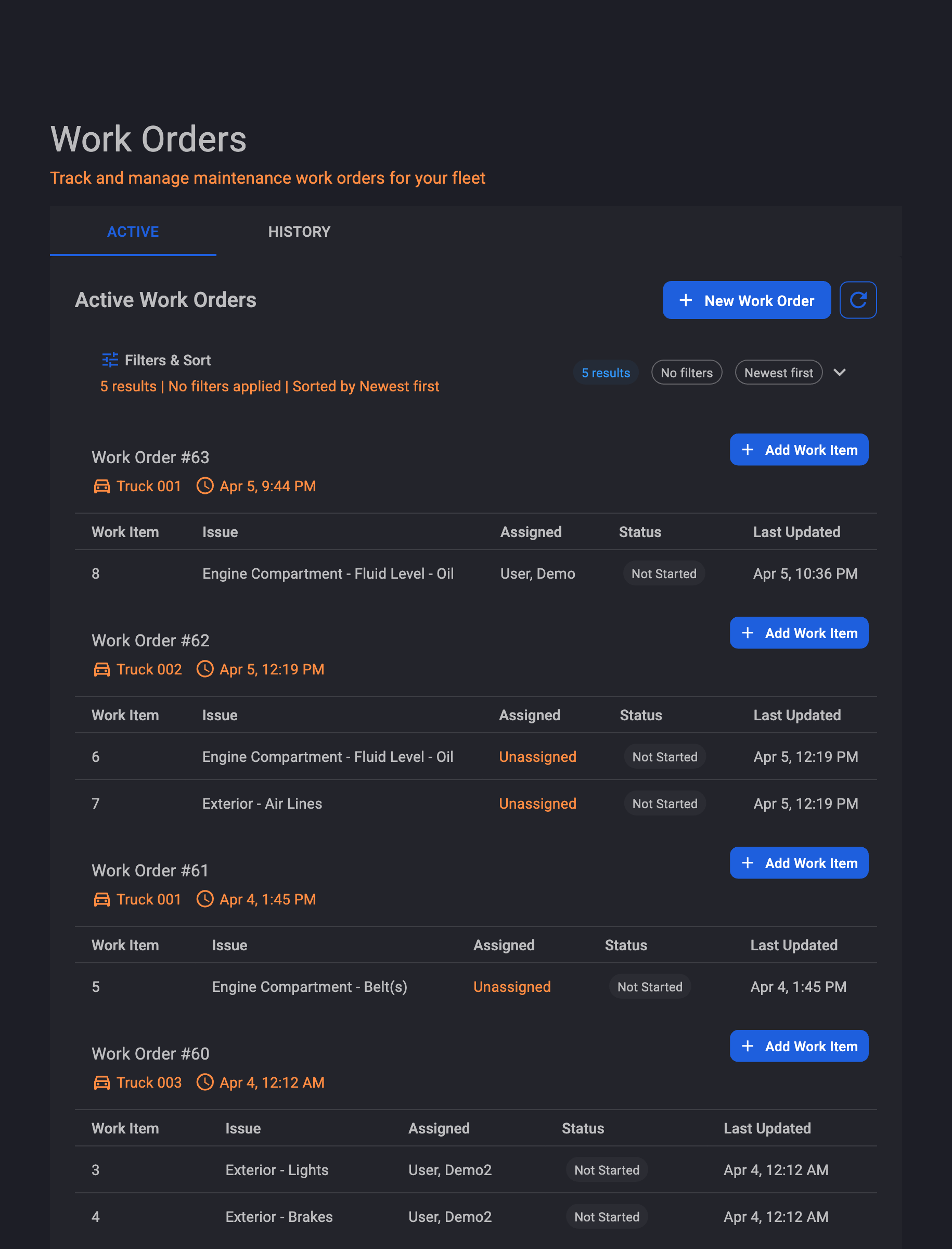 Truck Genie Work Orders overview: active work orders list with assigned mechanics, timestamps, and defect details linked from DVIR